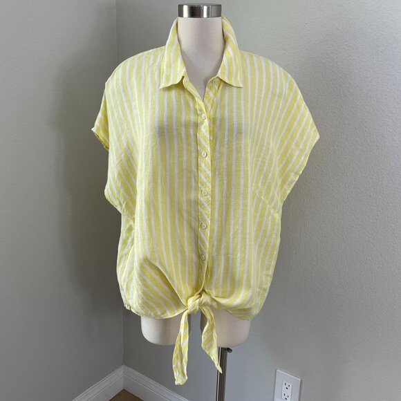 Talbots Woman Plus 2X 100% Linen Tie Hem Button Front Top Yellow Seashore Stripe - Picture 2 of 12